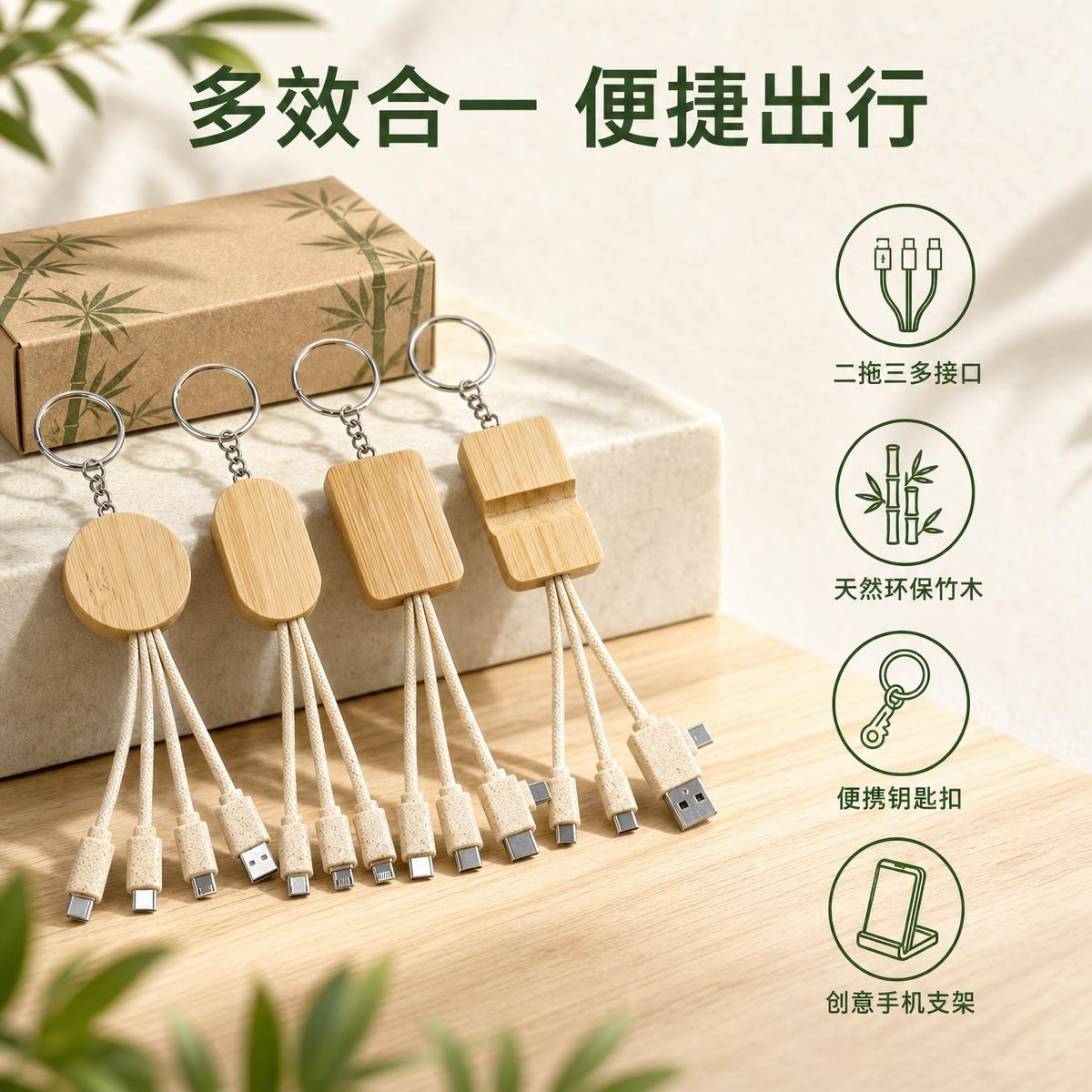 通用型可降解竹木手机支架三合一数据线安卓平板一拖三钥匙扣吊