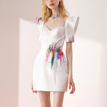 白色連衣裙女2023夏季小眾設計鏤空泡泡袖七彩印花桃心領裙子