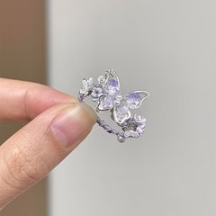 「炉生紫煙」新中国式紫グラデーション水晶蝶編み紐指輪軽豪華真珠小花指輪女