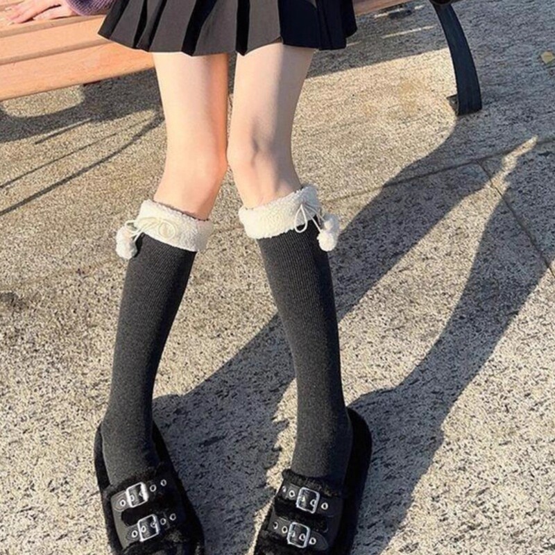 毛球加绒lolita过膝袜子女秋冬季长筒加厚日系jk洛丽塔白色小腿袜|undefined