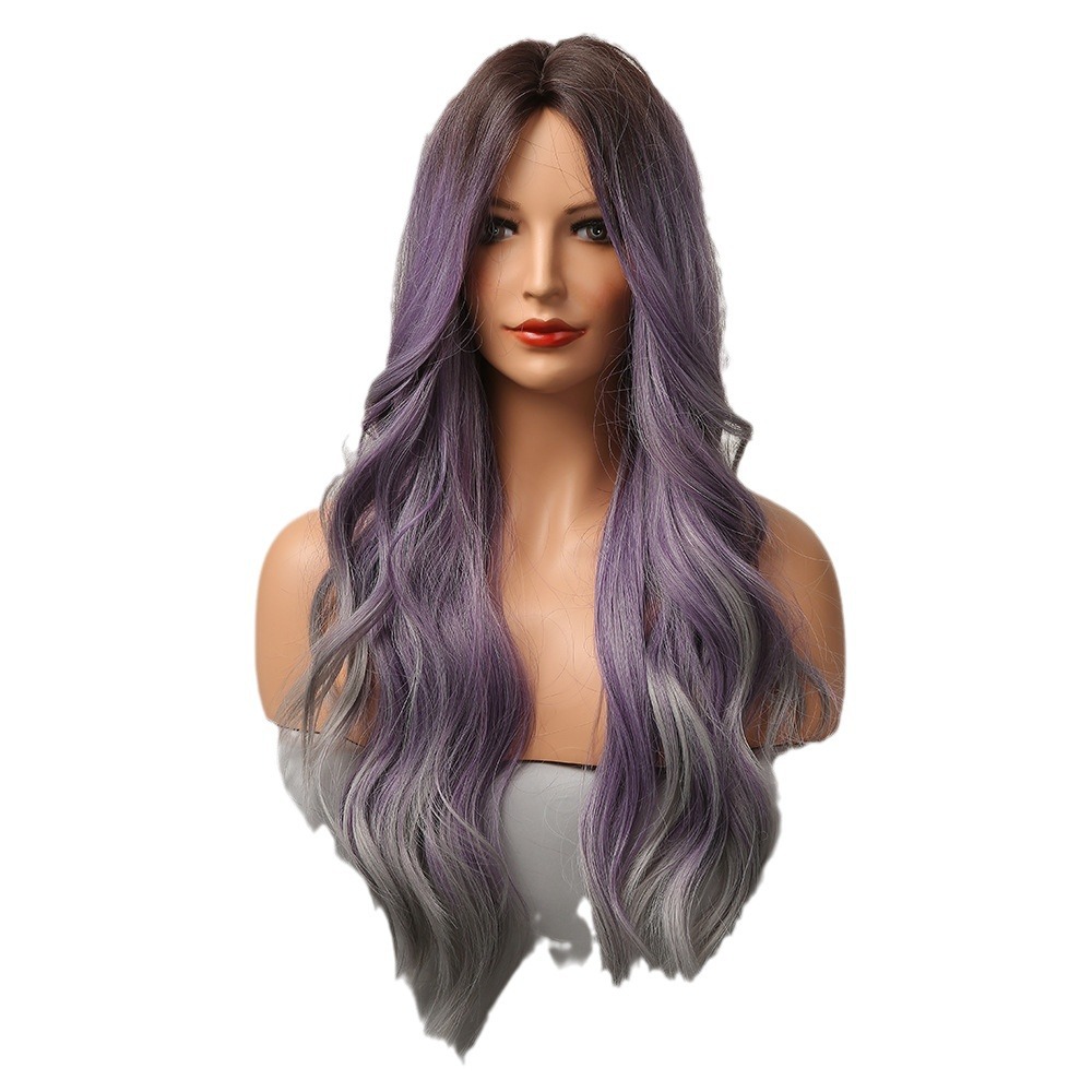 Mediados de longitud de pelo largo rizado gran ola moda púrpura de alta temperatura de seda multi-color de Europa y América Cosplay peluca mujer peluca Peluca de cabeza completa