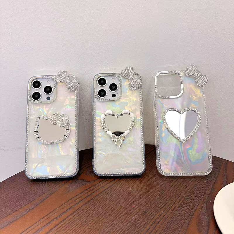 Luxurious Kitty Cat Mirror Suitable for Apple 16Pro Max Phone Case Iphone17 Heart-Shaped Makeup Case 15/13/