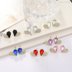 Sweet, Cute, Fresh-style Multi-color Little Heart Stud Earrings with Diamond-Inlaid Small Peach-Shaped Hearts