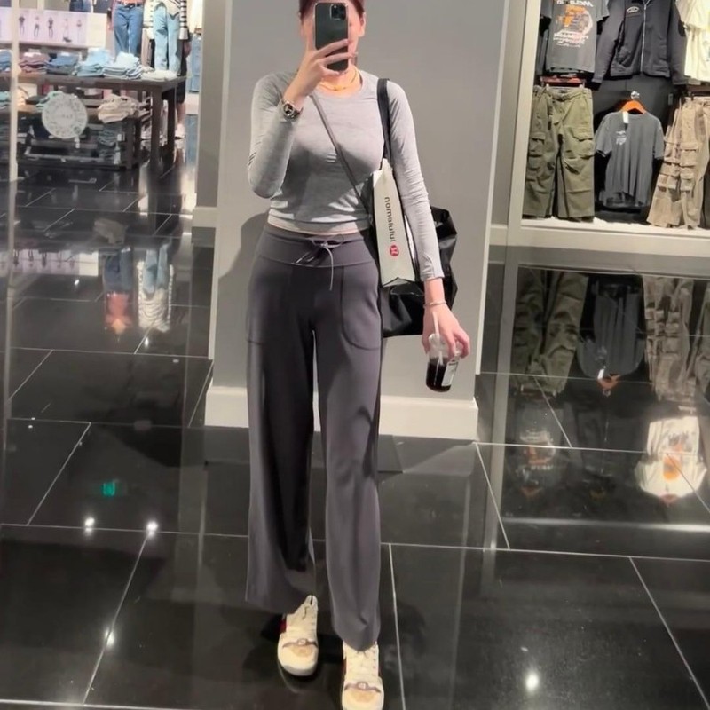 ルルオリジナルレーベル Throwback Stil l 巾着ストレートパンツ ヨガパンツ カジュアルパンツ ウエストハイウエスト ワイドレッグパンツ|undefined