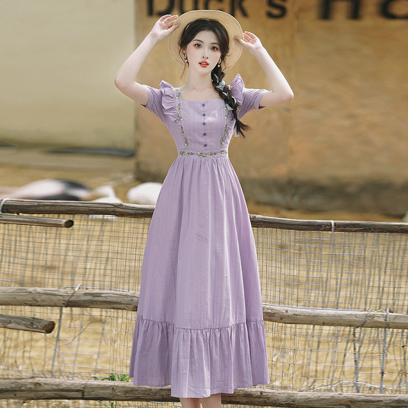 Sweet Purple Cotton and Linen Dress for Women, Retro Pastoral Style, Small Flying Sleeves, Temperament Long Dress, Princess Dress, Ready for Sale, Summer