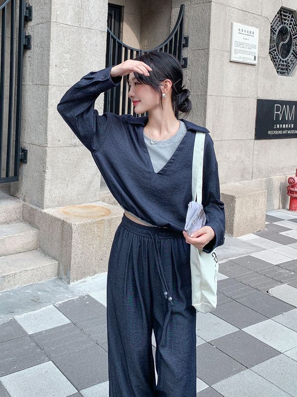法式休闲撞色拼接上衣阔腿裤套装女春秋又a又飒御姐两件套巨好看|undefined