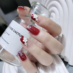 C59 Lucky and Auspicious Bride New Year Edition High-End Handmade Wearable Mid-Length Square Nails with Small Flower Decor Nail Stickers