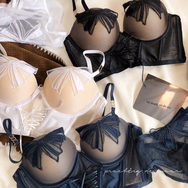 Cross-border Chinese-English French Lace Bow Mesh Underwear suit Small Chest Gathering Bra for Women