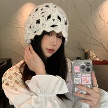 韩国小众手工钩针镂空花卉针织帽女春夏薄款透气包头帽毛线帽女士