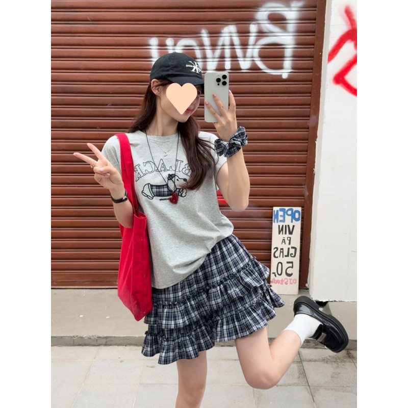 韩系刺绣卡通短袖T恤松紧腰蛋糕格子短裙2025夏季新款时尚套装女