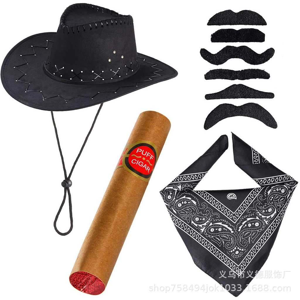PESENAR Festival Prom Western Cowboy Sombrero Anacardo Hip Hop Pañuelo cuadrado Barba falsa Sombrero de cigarro Sombrero Vestir