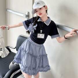 女童学院风套装夏款2026辣妹假两件polo短袖上衣格子蛋糕裙两件套