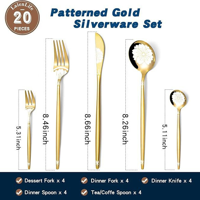 Golden silverware suit with pattern 20 pieces stainless steel tableware suit 4 pieces, unique LaienLife Golden silverware suit with pattern 20 pieces stainless steel tableware suit 4 pieces, unique LaienLife
