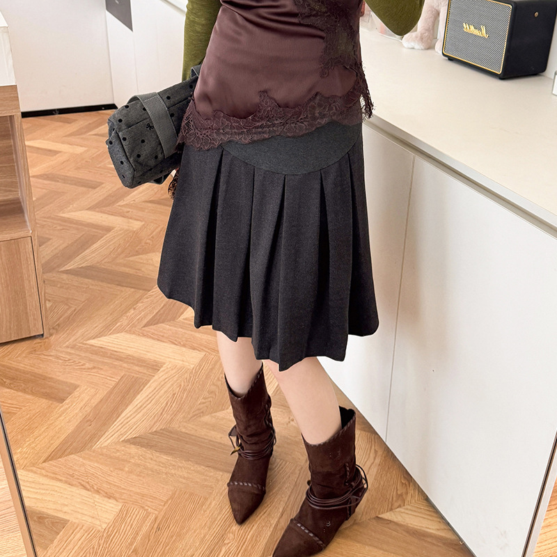 Autumn and Winter Maternity Wear, Black and Gray Woolen Skirt, Belly-Supporting Pleated Skirt, Maternity Skirt, Slimming Mid-Length Skirt, A-Line Skirt, Spring and Autumn
