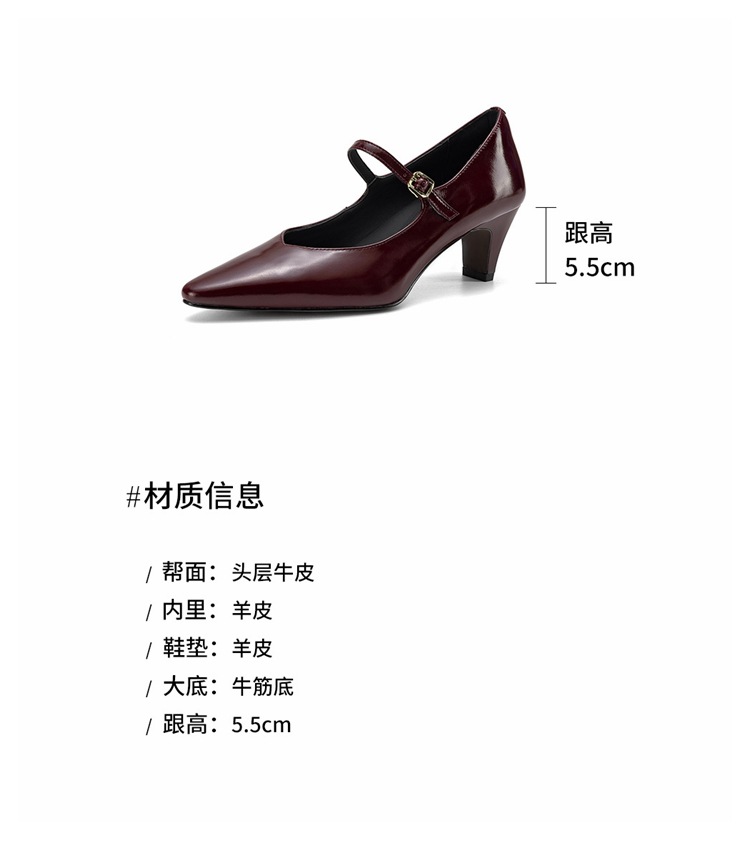 Giày Mary Jane nữ mũi nhọn gót vuông 5.5 cm quai khóa một chữ — Rượu vang đỏ chi tiết 3