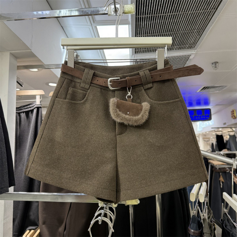 Brown Woolen Shorts for Women in Autumn and Winter, Woolen Boot Pants with Boots, High-Waisted Fat mm Flesh-Covering A-Line Wide-Leg Pants
