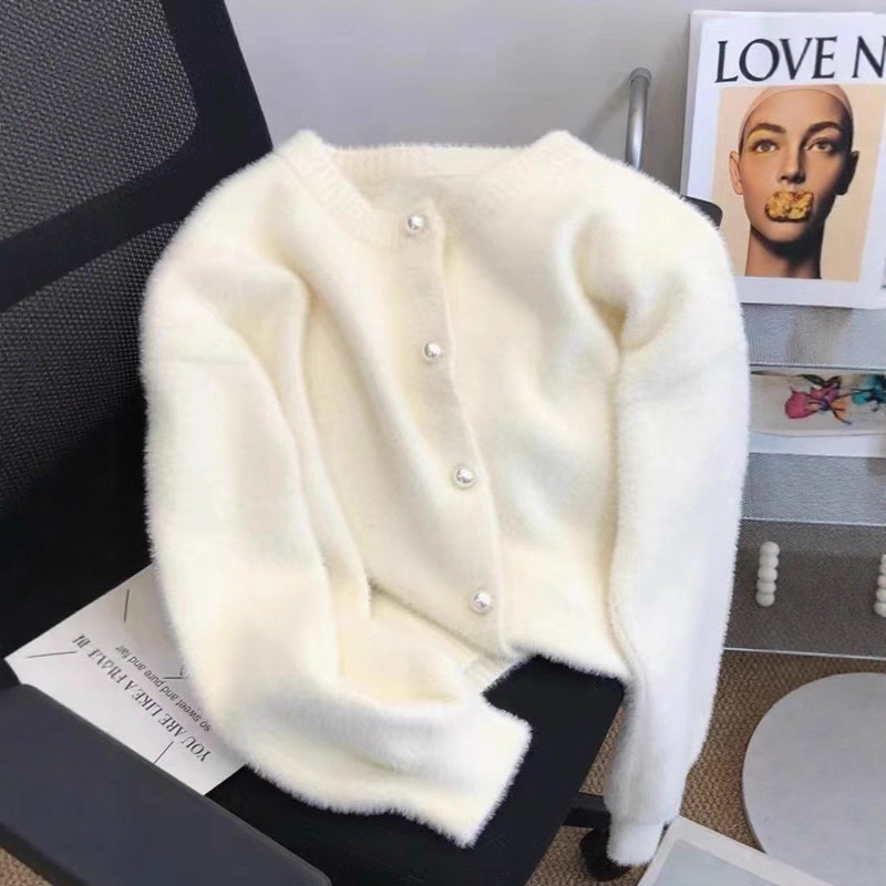 Autumn and Winter Soft and Waxy Mint Green Imitation Mink Velvet Sweater Cardigan Women's Design Niche Lazy Knitted Top Jacket