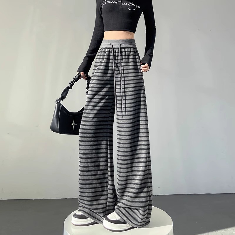 Striped Loose Pants, Bootcut Pants for Women, Autumn and Winter Casual Pants, High-Waisted, Versatile, Slimming, Lazy Style Black Pants