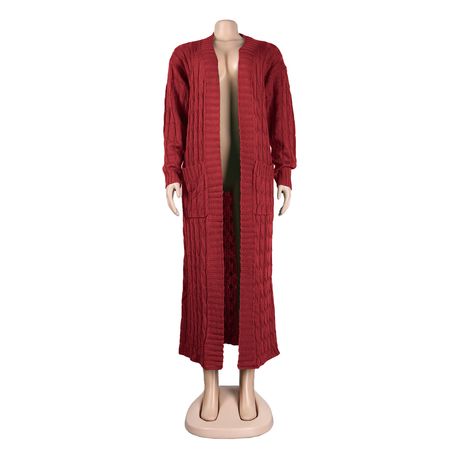 Damen Strickjacke Lang Aus Grobstrick In Unifarben Wintermantel_voghion.com