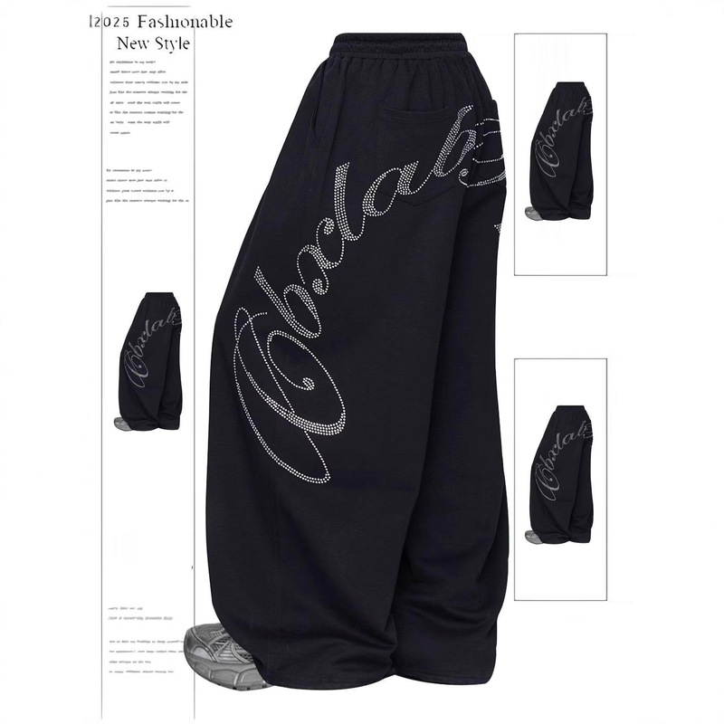 Hip-Hop Rhinestone Black Casual Sweatpants for Women, Winter Design, Loose Wide-Leg Versatile Slimming Jazz Dance Pants