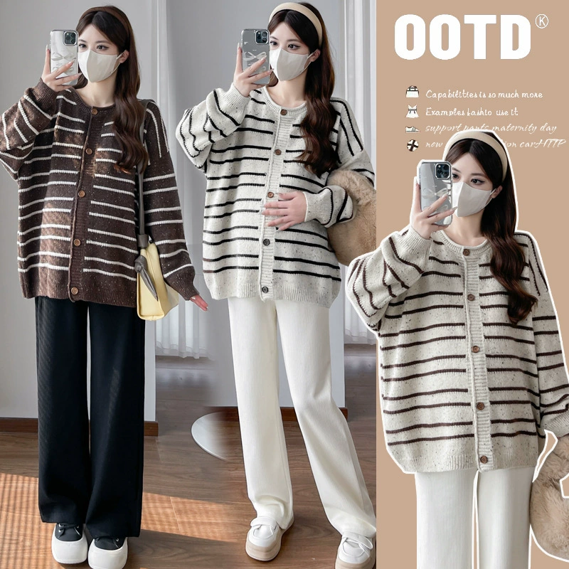 Реальный выстрел высокого качества большая версия одежды для беременных осенью и зимой новый полосатый трикотажный кардиган с длинными рукавами