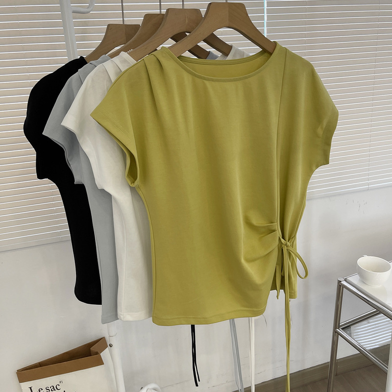 Double Pleated Shoulders, Side Straps and Side Waist, Slit Hem, Elegant Flying Sleeves, Loose T-Shirt, Summer Short-Sleeved Top for Women