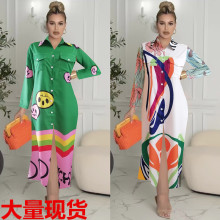 新款eBay速卖通外贸时尚长袖印花翻领衬衣裙女宽松休闲长款连衣裙