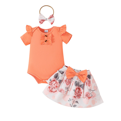 2025 Summer Baby Girl Button Folded Edge Short Sleeve Pajama Top with Flowers and Bow Ties, Semi-Cake Dress Set