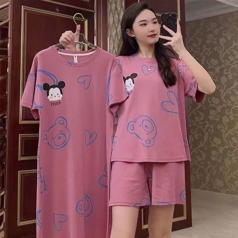 睡衣女三件套大码宽松少女卡通短袖睡裙薄款套装学生大码家居服