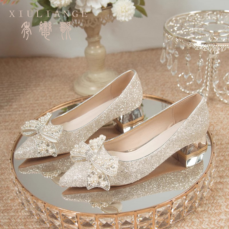 Flat Thick Heel High Heels Wedding Shoes Bridal Shoes Main Wedding Dress Two-Wear Wedding Crystal Shoes Middle Heel Pregnant Women Not Tired Feet Flat Thick Heel High Heels Wedding Shoes Bridal Shoes Main Wedding Dress Two-Wear Wedding Crystal Shoes Middle Heel Pregnant Women Not Tired Feet