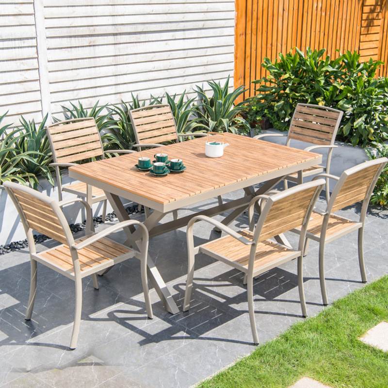 Outdoor plastic wooden tables and chair courtyard waterproof sunscreen open -air balcony outdoor leisure garden teak -colored tables and chair combinations