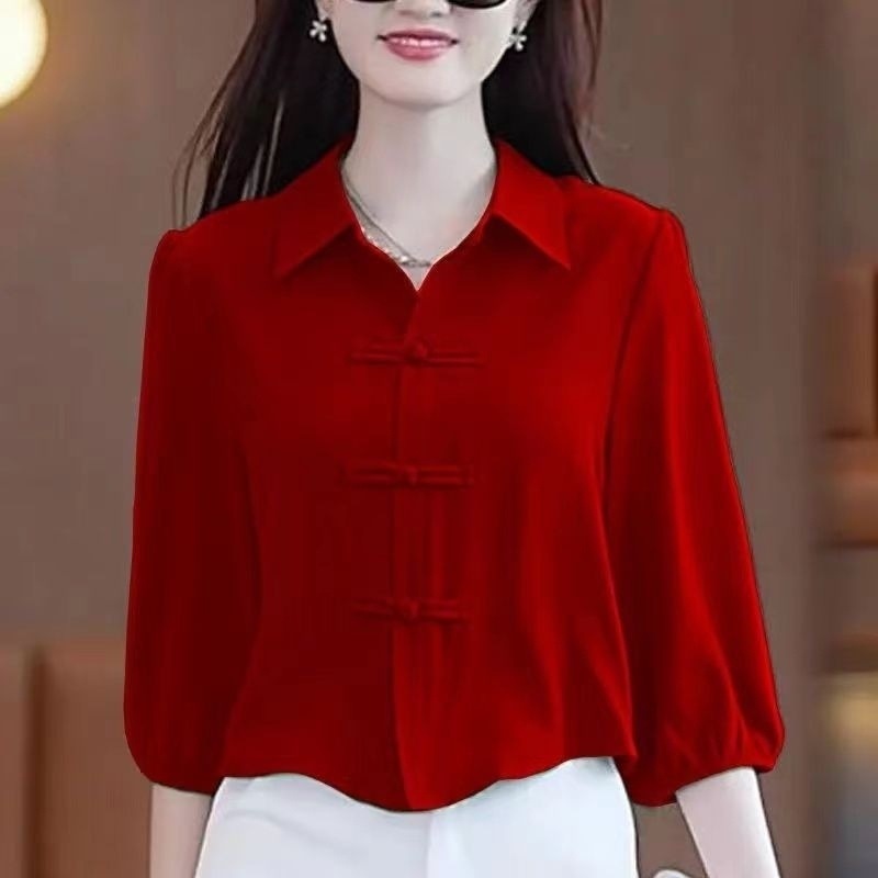 中国风衬衫女宽松显瘦百搭衬衣气质七分袖夏季肚子盘扣上衣女小衫|undefined