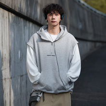 2025秋季新款男士假两件拼接袋鼠兜连帽卫衣字母刺绣上衣一件铺货