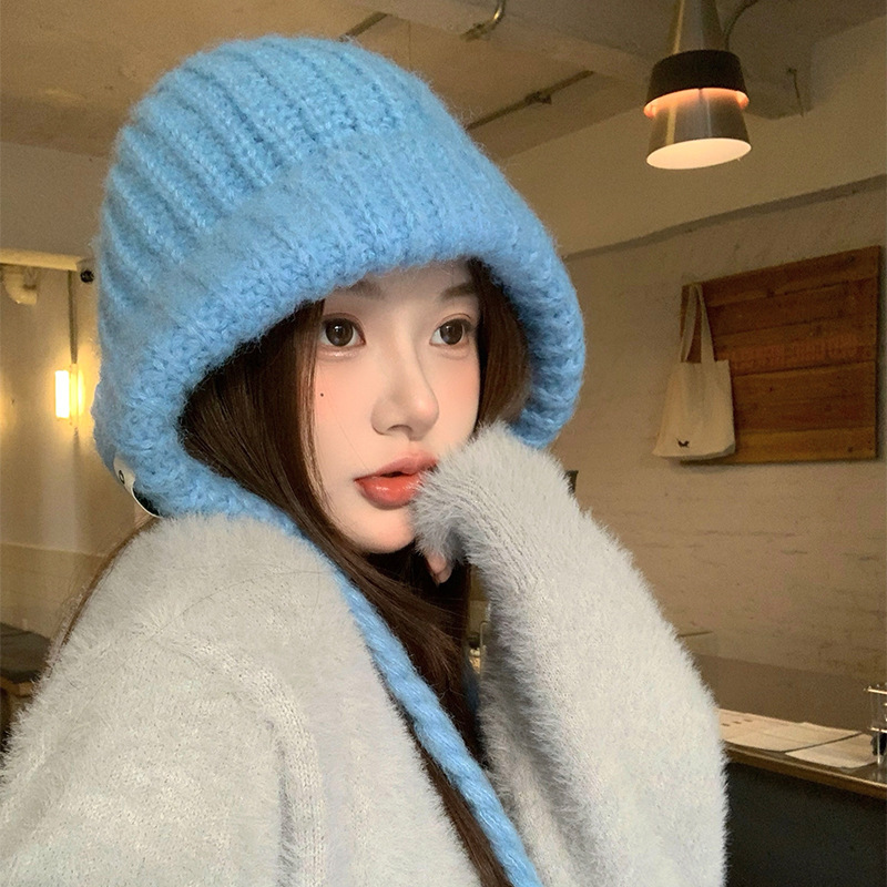 蓝色巴拉克拉法帽女秋冬季保暖护耳针织毛线帽显脸小防寒包头帽子|undefined
