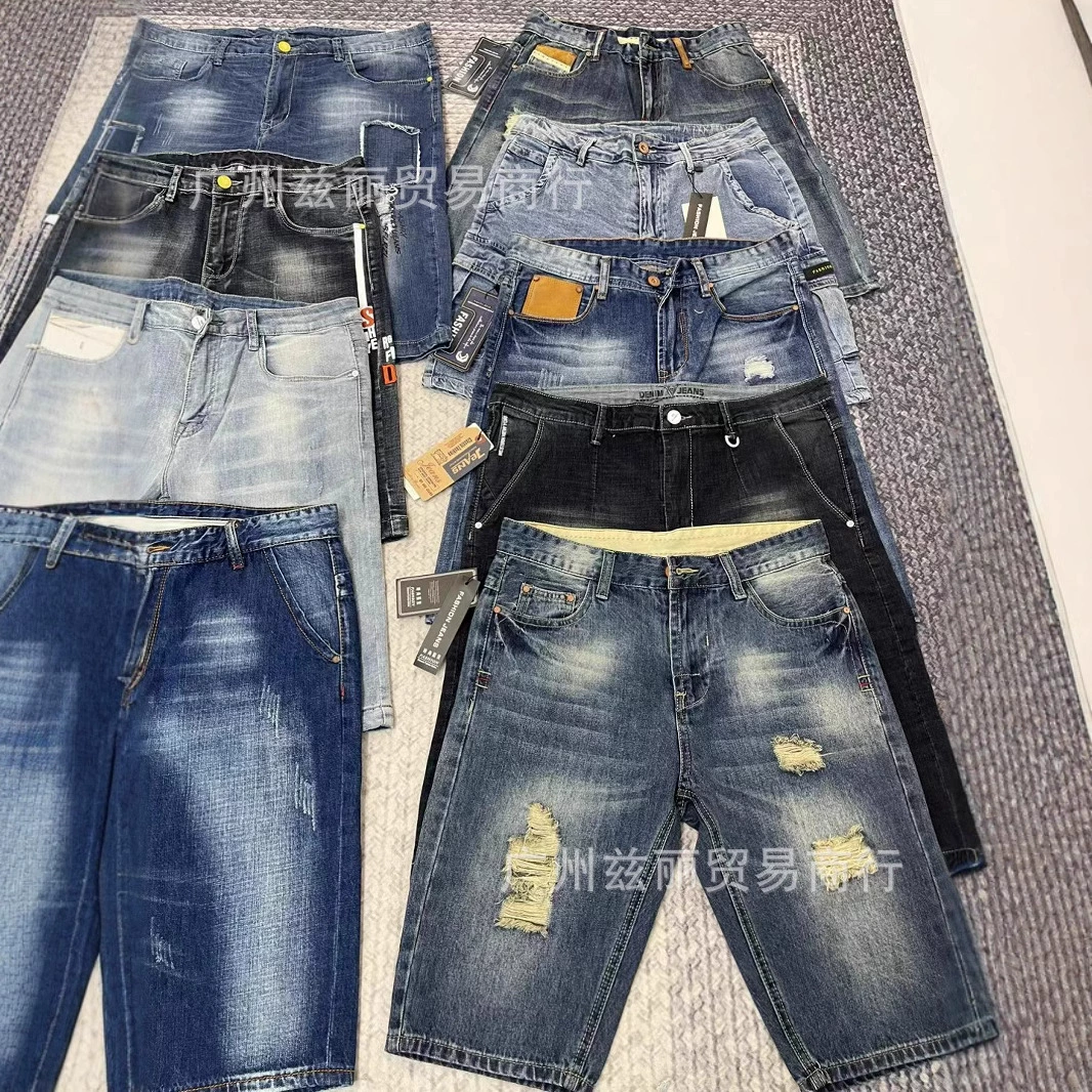 Внешняя торговля Трансграничные джинсовые брюки большого размера 2025 Летние тонкие дыры тонкие узкие мужские брюки-укороченные брюки оптом