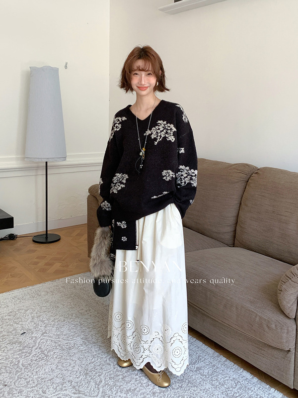 BENYAN本言 法式小众设计针织提花羊毛v领毛衣女【配围巾】3589|undefined