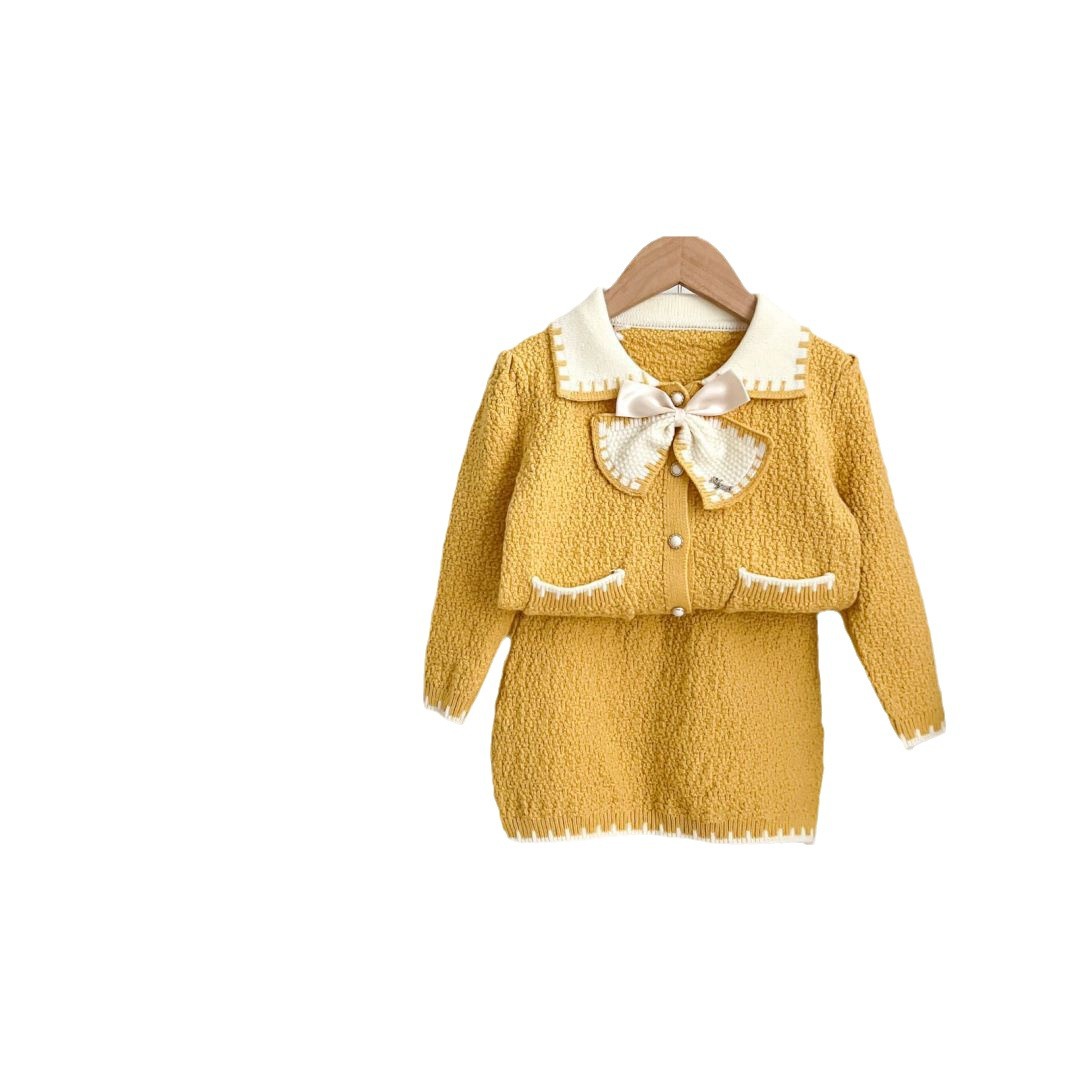 Bär 2024 höst/vinter ny liten flicka söt rosett halvkjol stickad doftande cardigan för barn_voghion.com