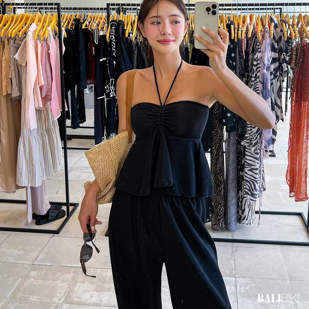 New Sexy Strapless Halter Neck Camisole with Beautiful Back, Push-Up Loose Long Pants Two-Piece Swimsuit for Women, Three-Piece Set