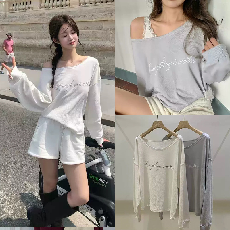 Fan Sun·Xh Korean-Style Loose Slimming Off-Shoulder Long-Sleeve T-Shirt Dongdaemun Autumn New Letter Print Sweatshirt for Women
