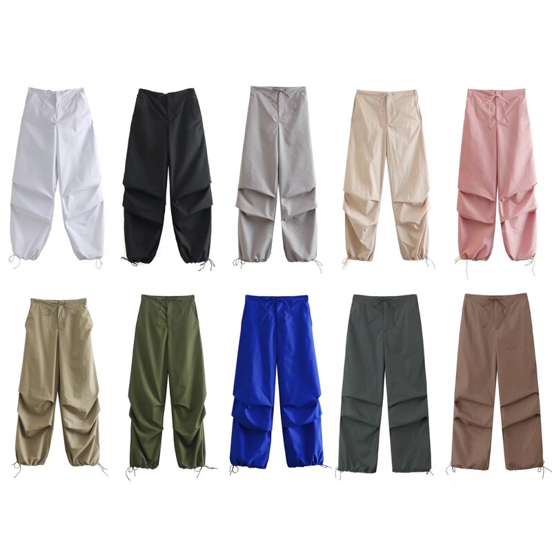 2023 Spring Jogging Pants Women's Casual Pants Summer Pleated Multi-Pocket Overalls Women's Leg-Tie High Waist Easiest for Match