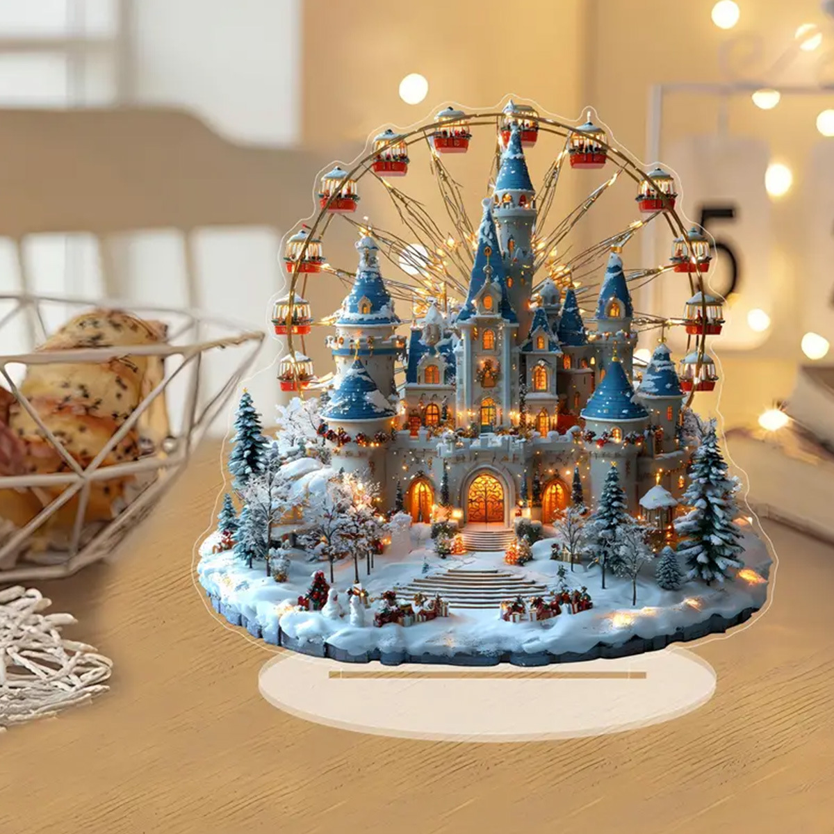 Castillo de invierno rueda acrílica mesa festiva decoración feliz para el hogar decoración navideña perfecta