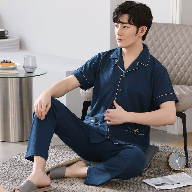 Pijamas de algodón de verano para hombres pantalones de manga corta cardigan delgado más tamaño mediano y joven traje homewear