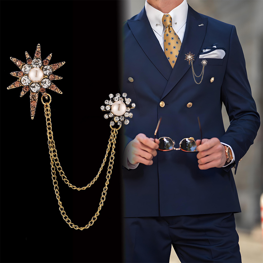 Retro Pearl-Encrusted Diamond Starburst High-End Men's Suit Brooch Metal Chain Tassel Suit Jacket Corsage Accessories