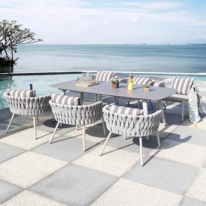 北歐戶外藤椅室外別墅庭院花園陽台露台餐桌露天岩板藤編桌椅組合