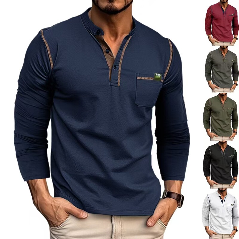 2025 Autumn/Winter Cross-Border European and American Men's Long Sleeve T-Shirt, Foreign Trade Men's Henley Collar Amazon Contrast Color Top with Visible Stitching 2025 Autumn/Winter Cross-Border European and American Men's Long Sleeve T-Shirt, Foreign Trade Men's Henley Collar Amazon Contrast Color Top with Visible Stitching