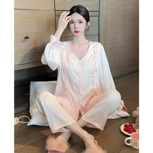 Sweet Lace-Trimmed Bow Women's Jacquard Pajamas Autumn and Winter Silk Long-Sleeved Home Clothes Comfortable suit