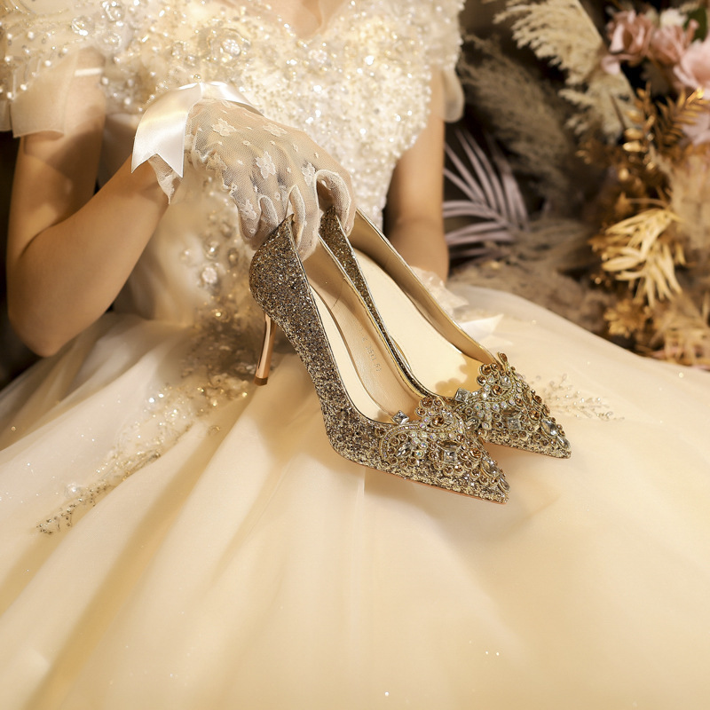 829-66 Pointed High Heels Women's Thin Heel French Wedding Shoes Advanced Sense Xiuhe Wedding Dress Annual Meeting Single Shoes Temperament Rhinestones