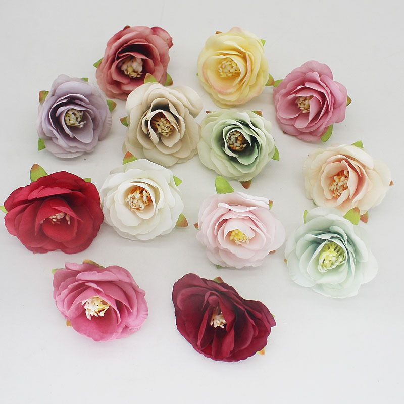 Simulation rose camellia flower head hand-made ceramic flower background decorative wall flower head fake flower wedding DIY floral silk flower