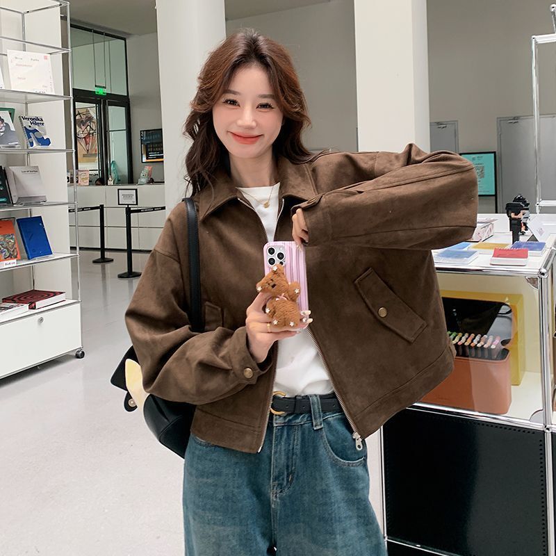 Autumn new brown Maillard suede jacket for women, short American style retro biker jacket for petite figures Autumn new brown Maillard suede jacket for women, short American style retro biker jacket for petite figures