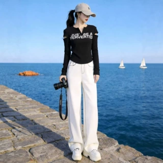 港风潮牌时尚套装女2026春季设计感修身破洞长袖T恤阔腿裤两件套